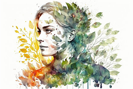 Portrait woman with a plants and leaves. Colorful creative illustration. Generative AIの素材