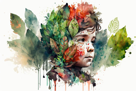 Portrait child with a plants and leaves. Colorful creative illustration. Generative AIの素材