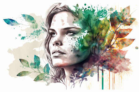 Portrait woman with a plants and leaves. Colorful creative illustration. Generative AIの素材