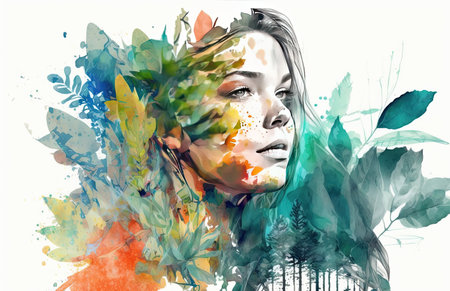 Portrait woman with a plants and leaves. Colorful creative illustration. Generative AIの素材