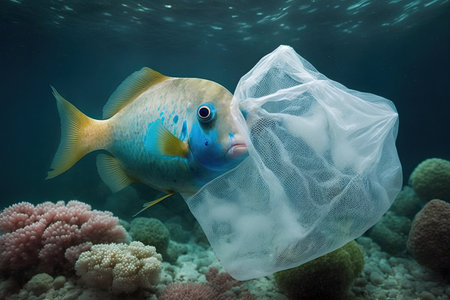 Pollution from plastics is a worry for the environment. Plastic bags with a fish inside. Generative AIの素材