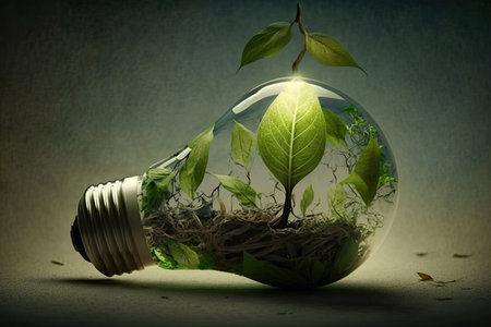 Bulb with vegetation, idea of green energy, natural conservation. Renewable energy, conservation concept. Generative AI.の素材