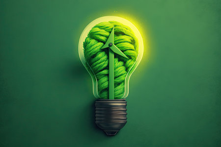 Bulb with vegetation, idea of green energy, natural conservation. Renewable energy, conservation concept. Generative AI.の素材