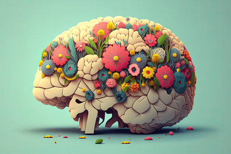 Human brain tree with flowers, mental health concept, positive thinking. Earth's Day. Generative AIの素材
