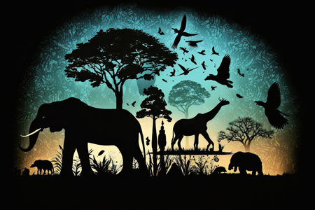 African landscape with the silhouette of animals at sunset. Generative AIの素材