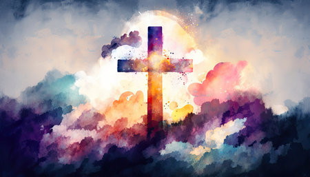 Christian easter. Conceptual religious symbol on a beautiful sky at sunset. Generative AIの素材