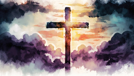 Christian easter. Conceptual religious symbol on a beautiful sky at sunset. Generative AIの素材