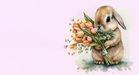 Illustration of an adorable fluffy bunny with a bouquet of flowers on white background. Generative AIの素材