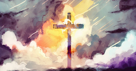 Christian easter. Conceptual religious symbol on a beautiful sky at sunset. Generative AIの素材