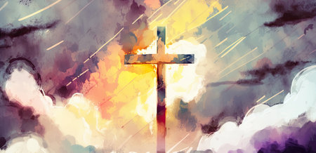 Christian easter. Conceptual religious symbol on a beautiful sky at sunset. Generative AIの素材