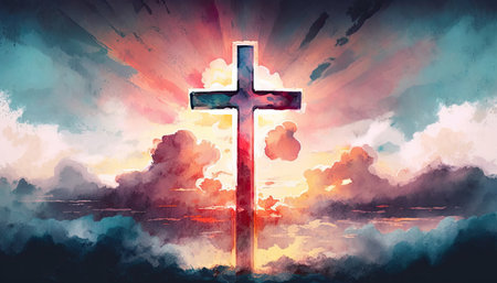 Christian easter. Conceptual religious symbol on a beautiful sky at sunset. Generative AIの素材