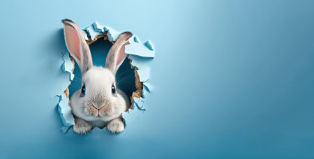 White bunny peeking out of a hole in blue wall. Easter bunny banner. Generative AIの素材