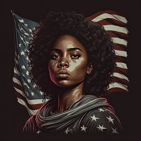 African American woman with the USA flag on background. Generative AIの素材