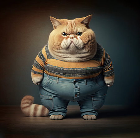 Overweight cat wearing clothes on colored background. Generative AIの素材
