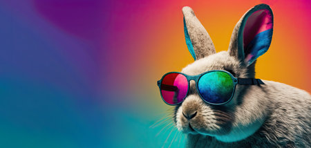 Cool bunny with sunglasses on colorful background. Happy Easter card. Generative AIの素材