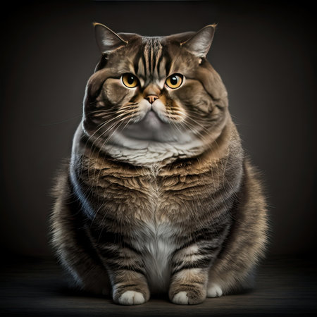Overweight cat wearing clothes on colored background. Generative AIの素材