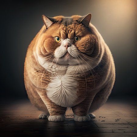 Overweight cat wearing clothes on colored background. Generative AIの素材