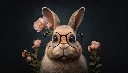 Cool bunny wearing glasses on a dark color background. Vision health at easter. Generative AIの素材