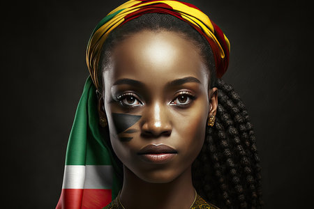 Young african woman with a red-yellow-green flag on dark background. Generative AIの素材