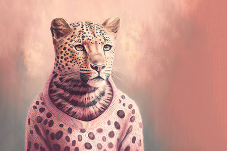 Portrait of a beautiful adult leopard wearing fashion pink sweater on light background. Generative AIの素材