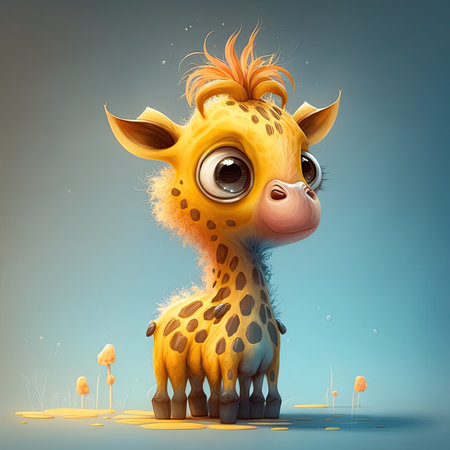 Fluffy giraffe for kids. Full body animal on colored background. Generative AIの素材