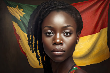 Young african woman on red-yellow-green flag background. Generative AIの素材