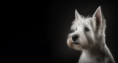 Cute white dog on dark background. Generative AIの素材