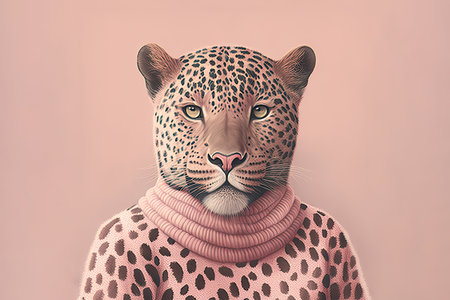 Portrait of a beautiful adult leopard wearing fashion pink sweater on light background. Generative AIの素材