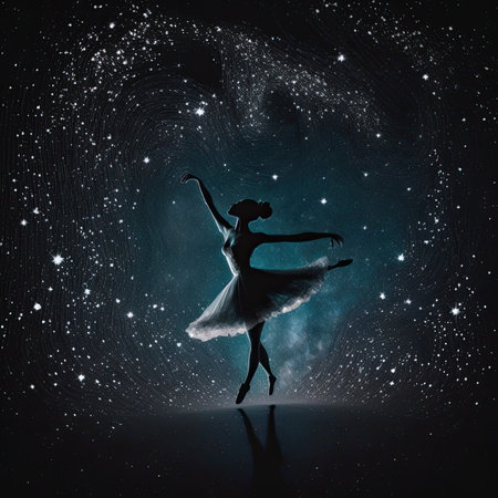 Figure of a delicate ballerina dancing among the starry sky. Generative AIの素材