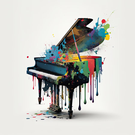 The Sound of Passion: A Piano in Color Splash Explosion Concert. Generative AIの素材