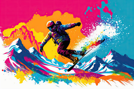 Cartoon backpacker winter hiking at mountain landscape panorama. Generative AIの素材