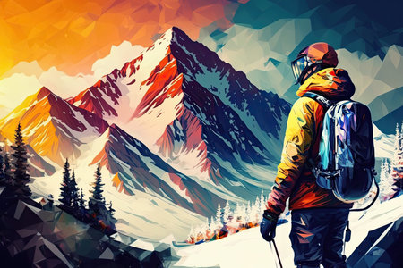 Cartoon backpacker winter hiking at mountain landscape panorama. Generative AIの素材