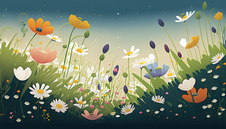 Illustrated depiction of a meadow full of blooming flowers during the spring season. Generative AI.の素材