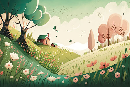 Illustrated depiction of a meadow full of blooming flowers during the spring season. Generative AI.の素材