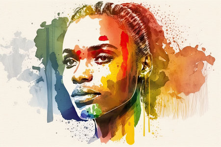 Abstract watercolor portrait of joyful African lesbian with rainbow flag rendered in a minimalistic style. Generative AIの素材