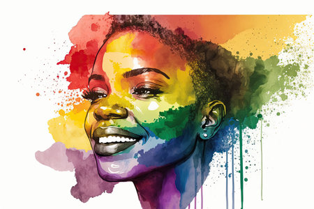 Abstract watercolor portrait of joyful African lesbian with rainbow flag rendered in a minimalistic style. Generative AIの素材