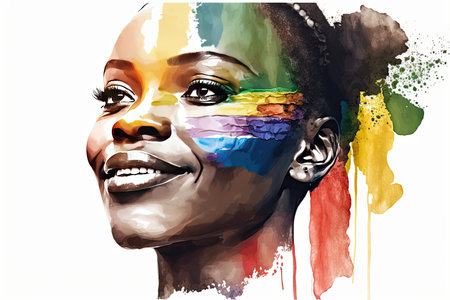 Abstract watercolor portrait of joyful African lesbian with rainbow flag rendered in a minimalistic style. Generative AIの素材