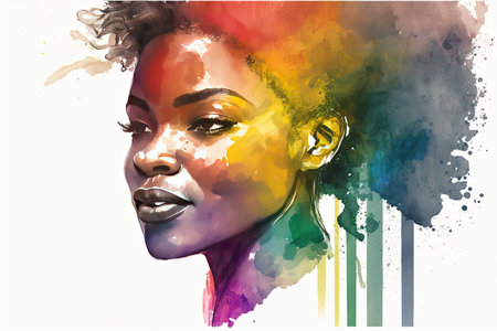 Abstract watercolor portrait of joyful African lesbian with rainbow flag rendered in a minimalistic style. Generative AIの素材