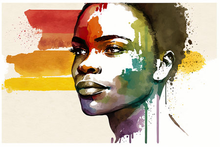 Abstract watercolor portrait of joyful African lesbian with rainbow flag rendered in a minimalistic style. Generative AIの素材