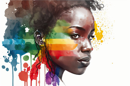 Abstract watercolor portrait of joyful African lesbian with rainbow flag rendered in a minimalistic style. Generative AIの素材