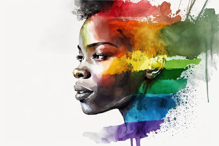 Abstract watercolor portrait of joyful African lesbian with rainbow flag rendered in a minimalistic style. Generative AIの素材