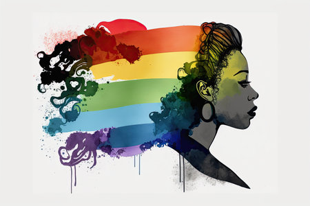 Abstract watercolor portrait of joyful African lesbian with rainbow flag rendered in a minimalistic style. Generative AIの素材