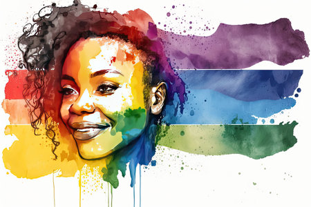 Abstract watercolor portrait of joyful African lesbian with rainbow flag rendered in a minimalistic style. Generative AIの素材
