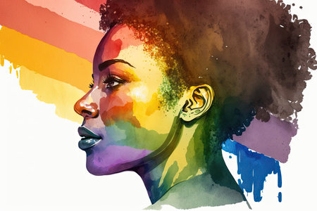 Abstract watercolor portrait of joyful African lesbian with rainbow flag rendered in a minimalistic style. Generative AIの素材