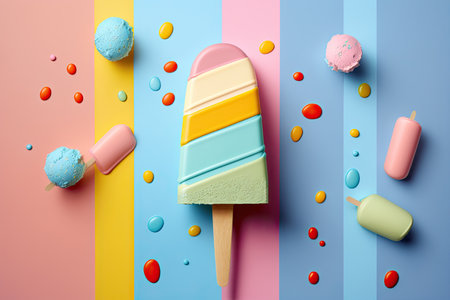 A brightly colored ice cream popsicle against a vibrant background by Generative AIの素材