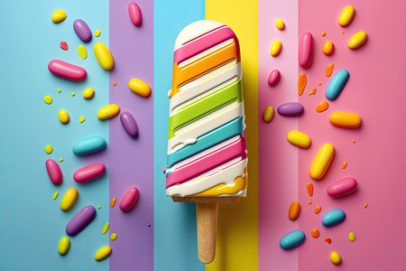 A brightly colored ice cream popsicle against a vibrant background by Generative AIの素材