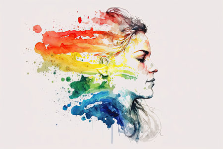 Minimalist watercolor painting of the joyful face of a Caucasian woman who identifies as lesbian, with a rainbow flag depicted in an abstract style, Generative AIの素材