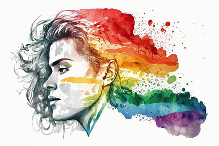 Minimalist watercolor painting of the joyful face of a Caucasian woman who identifies as lesbian, with a rainbow flag depicted in an abstract style, Generative AIの素材