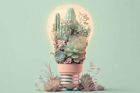 Minimalist image of a light bulb with beautiful plants inside to use as decoration. Generative AIの素材