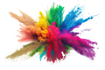 Holi color powder explosion with rainbow on isolated white background, burst of vibrant colors by Generative AIの素材